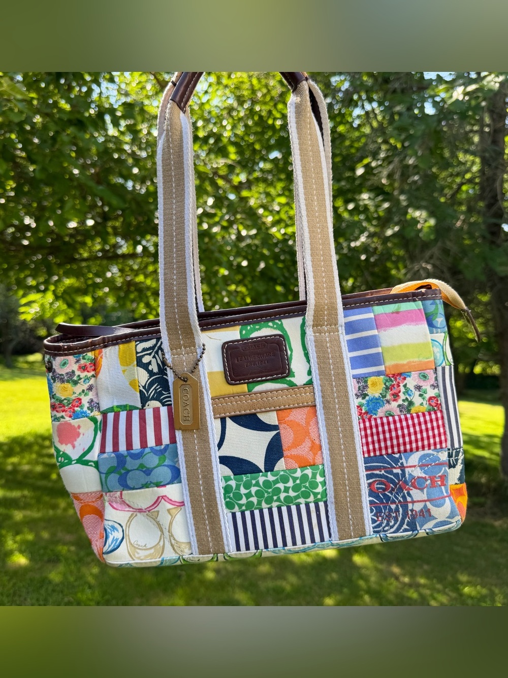Coach 2007 Holiday Patchwork Canvas Tote Bag Leather Trim Y2K